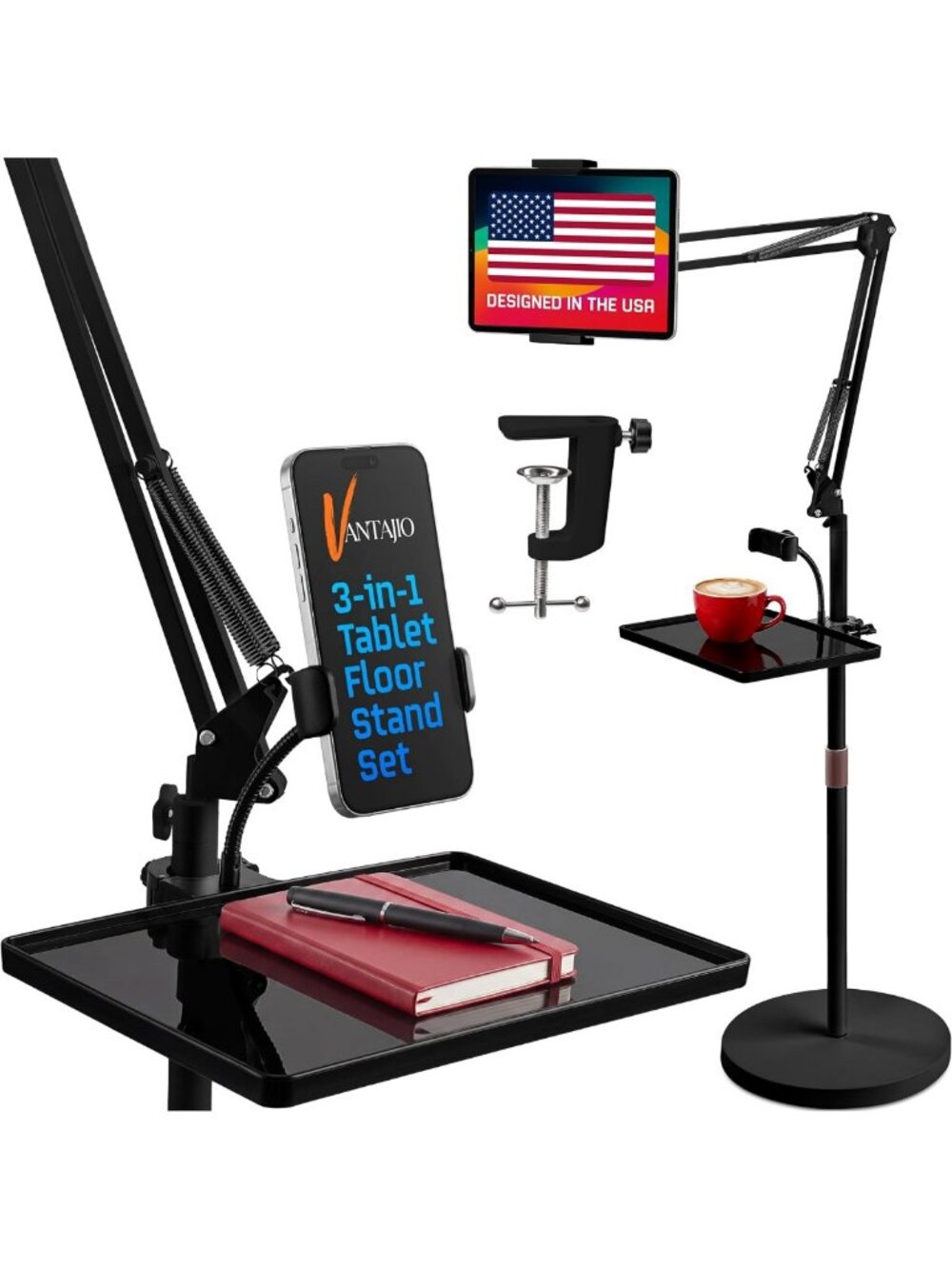 Adjustable Tablet Floor Stand with 12lb Weighted Base & Phone Holder - Black